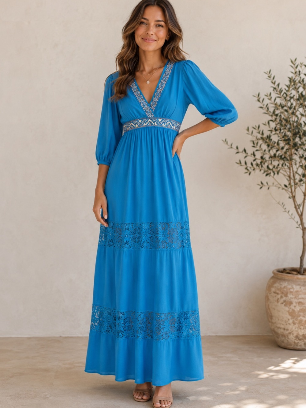 Flying Tomato‎ Turquoise “70’s” Bohemian Aztec V-Neck Native Maxi Dress Size S